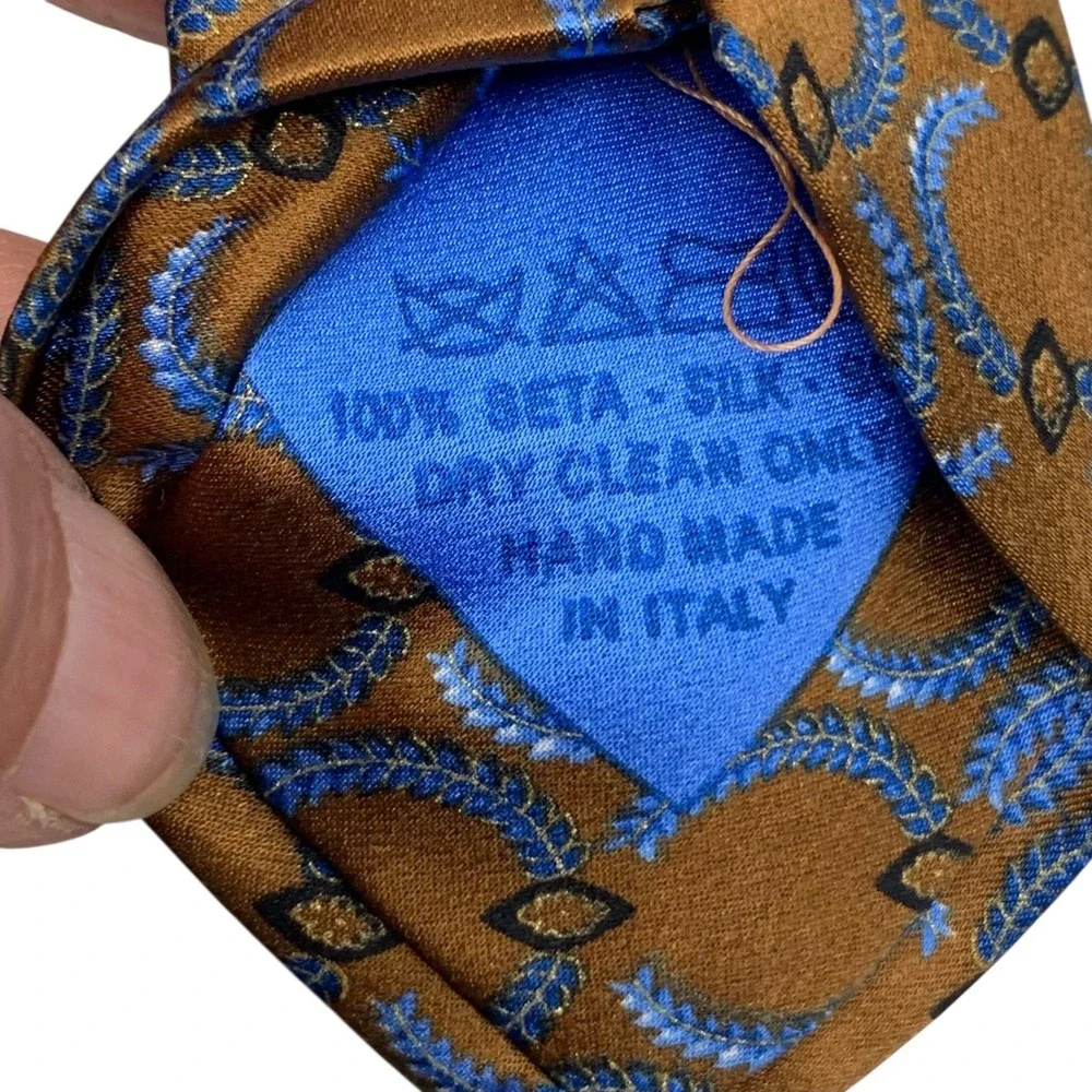 Brioni Men's Handmade Silk Tie Brown Blue Circle Leaf Design Designer‎ Necktie